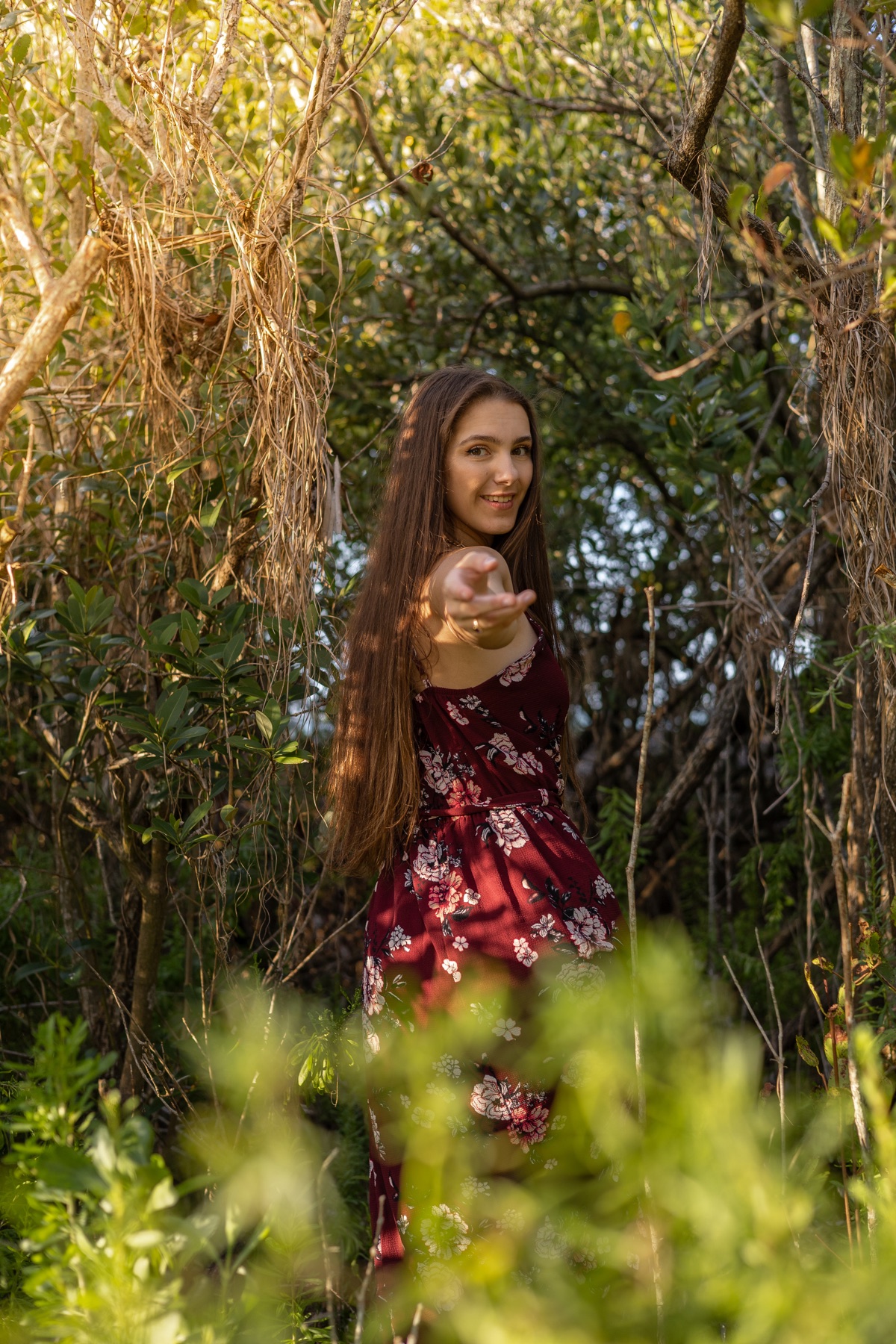 Reaching out from a green mangrove archway